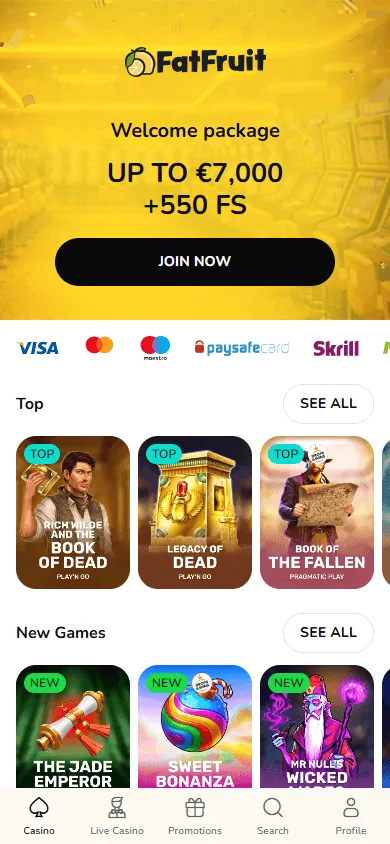 Fatfruit Casino mobile home interface